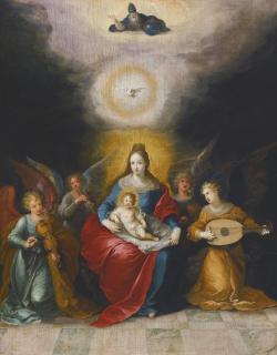 Frans Francken The Younger - The Virgin And Child Surrounded By Music-Making Angels, The Holy Spirit And God The Father Above