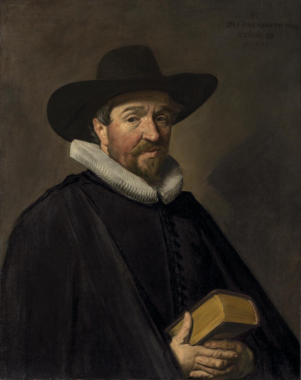 Frans Hals - Portrait of Conradus Viëtor (1588-1657), aged 56, half-length, in a black doublet, cloak and hat, with a white ruff, and holding a book