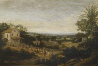 Frans Jansz. Post - A Landscape In Brazil Looking Down On The Varzea, Europeans And Natives Approaching A Church In The Foreground