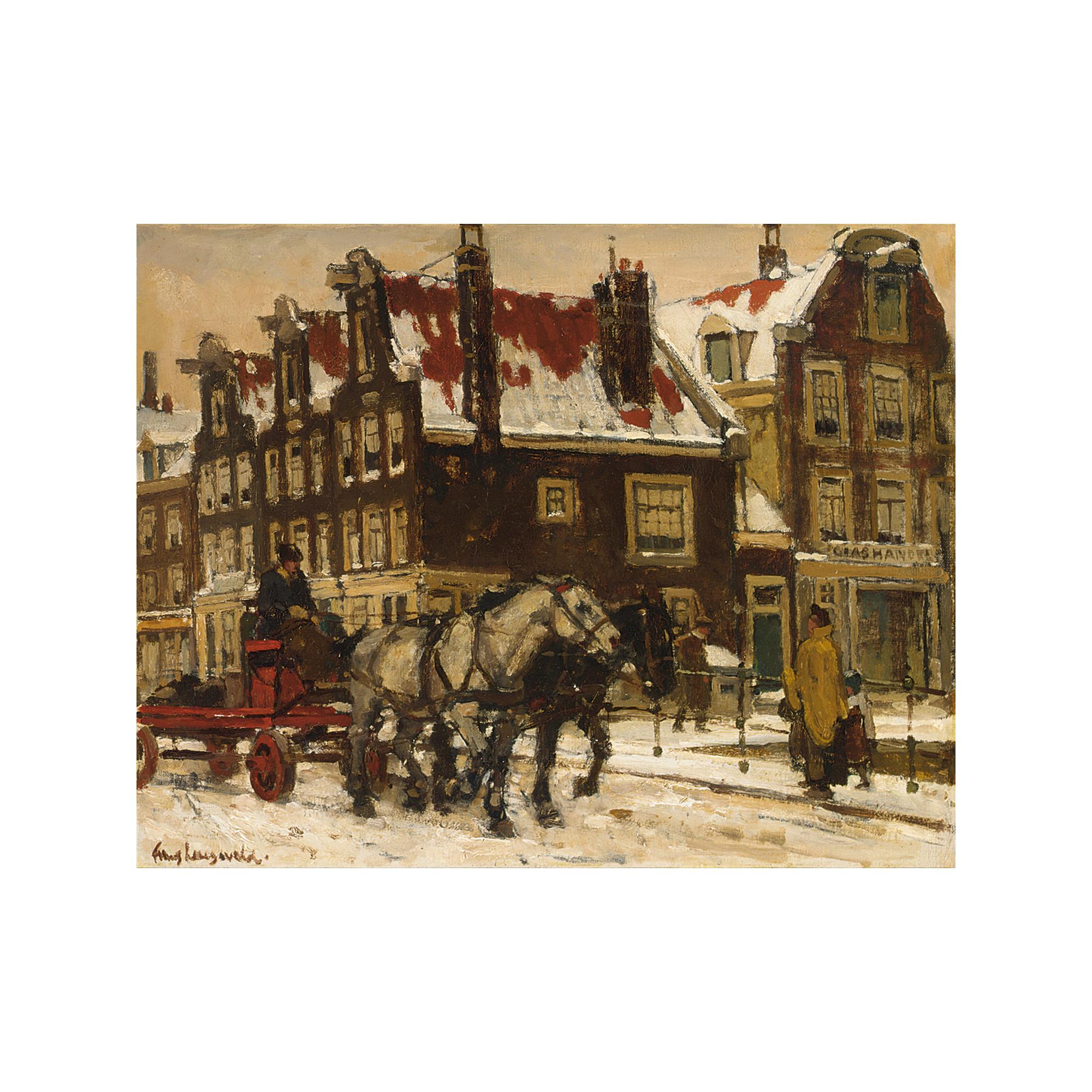 Frans Langeveld - A Horse Drawn Cart On A Bridge In Wintry Amsterdam   