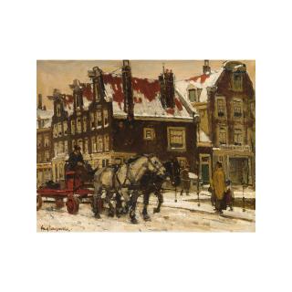 Frans Langeveld - A Horse Drawn Cart On A Bridge In Wintry Amsterdam   