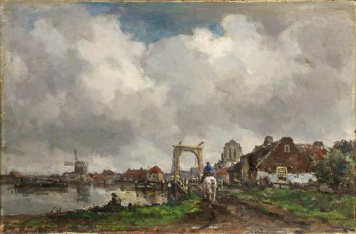 Frans Langeveld - A horseman crossing a drawbridge, a town beyond