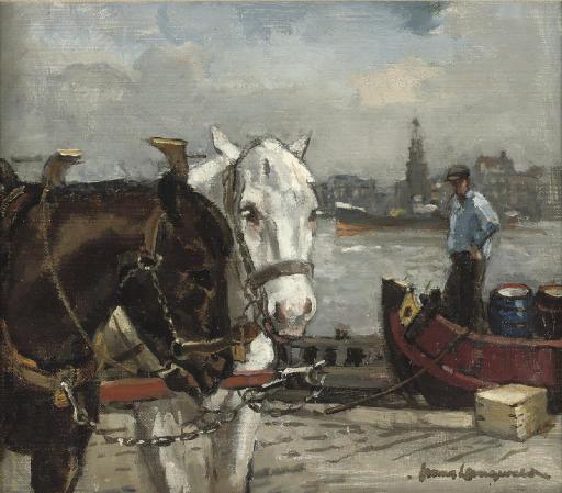 Frans Langeveld - Horses on the quayside with the Haringspakkerstoren beyond, Amsterdam
