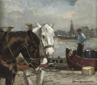 Frans Langeveld - Horses on the quayside with the Haringspakkerstoren beyond, Amsterdam