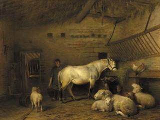Frans Lebret - A groom tending a horse in a barn