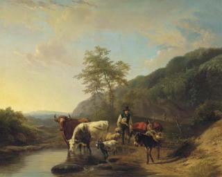 Frans Lebret - A shepherd and his flock in an Italianate landscape