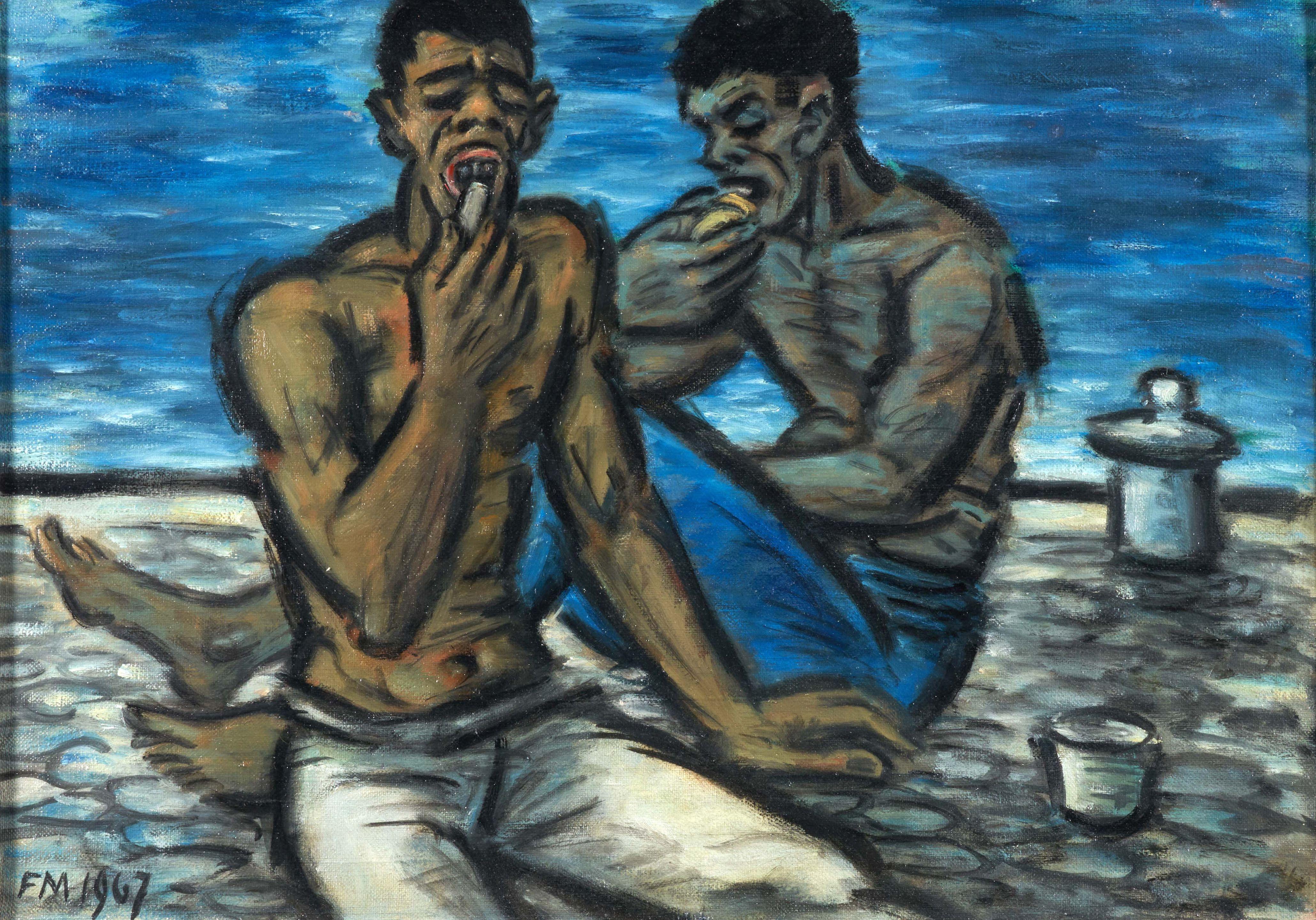 Frans Masereel - Deux dockers mangeant 18 x 25 1/2 in. (45.7 x 64.8 cm) framed 23 1/2 x 31 x 1 3/4 in.