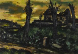 Frans Masereel - Trois arbres morts et maison en ruines lot-en-garonne.