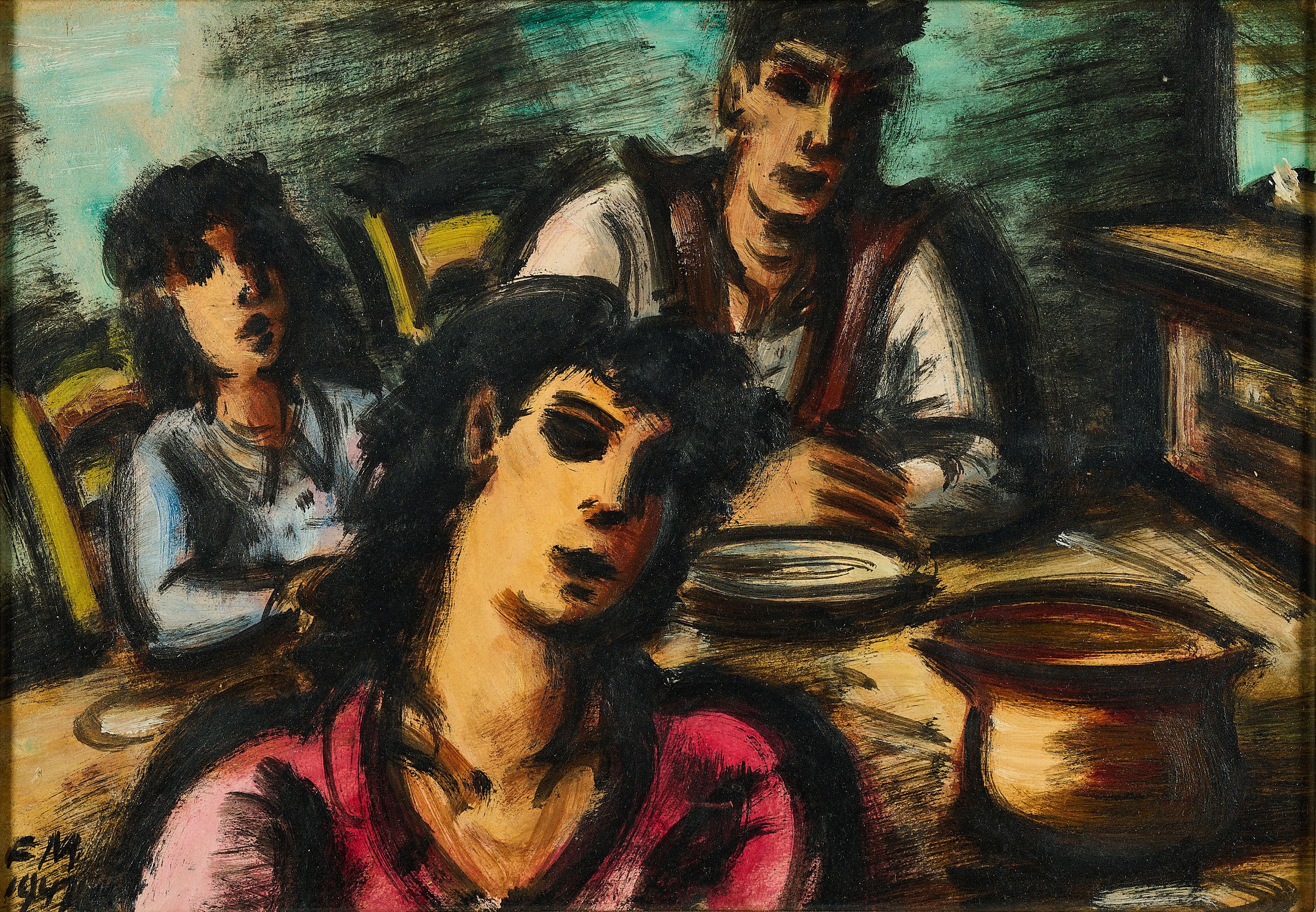 Frans Masereel - Un paysan et deux paysannes dans la cuisine.