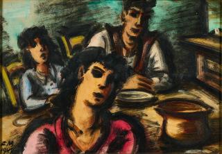 Frans Masereel - Un paysan et deux paysannes dans la cuisine.