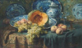 Frans Mortelmans - A pumpkin, peaches, and grapes in a china bowl by glasses on a draped table