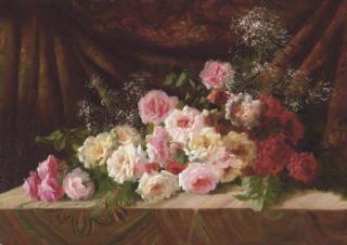 Frans Mortelmans - Roses and Baby\'s Breath on a Cloth-draped Ledge