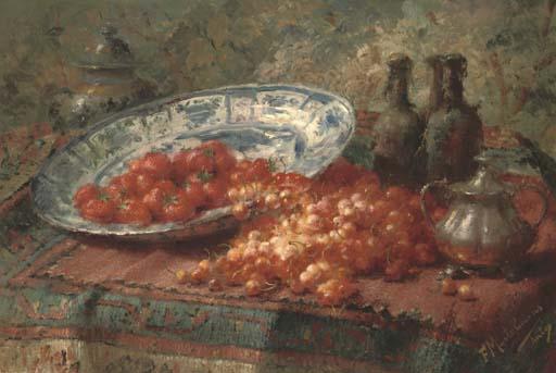 Frans Mortelmans - Stawberries In A Delft Bowl With Cherries On A Table
