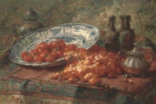 Frans Mortelmans - Stawberries In A Delft Bowl With Cherries On A Table