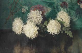 Frans Oerder - A Still Life With Chrysanthemums And Oak Leafs