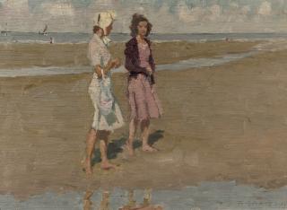 Frans Smeers - Two girls on the beach (recto); study of a building (verso)