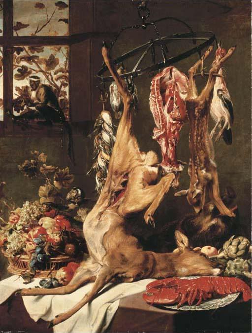 Frans Snyders - A deer, a fawn and other dead game suspended on hooks, a lobster on a porcelain plate, artichokes and grapes, apples, plums and other fruit in a basket on a partly-draped table with two monkeys