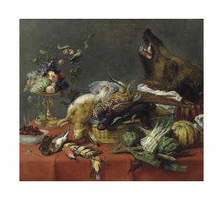 Frans Snyders - A draped table laden with game, fruit, vegetables and a boar\'s head
