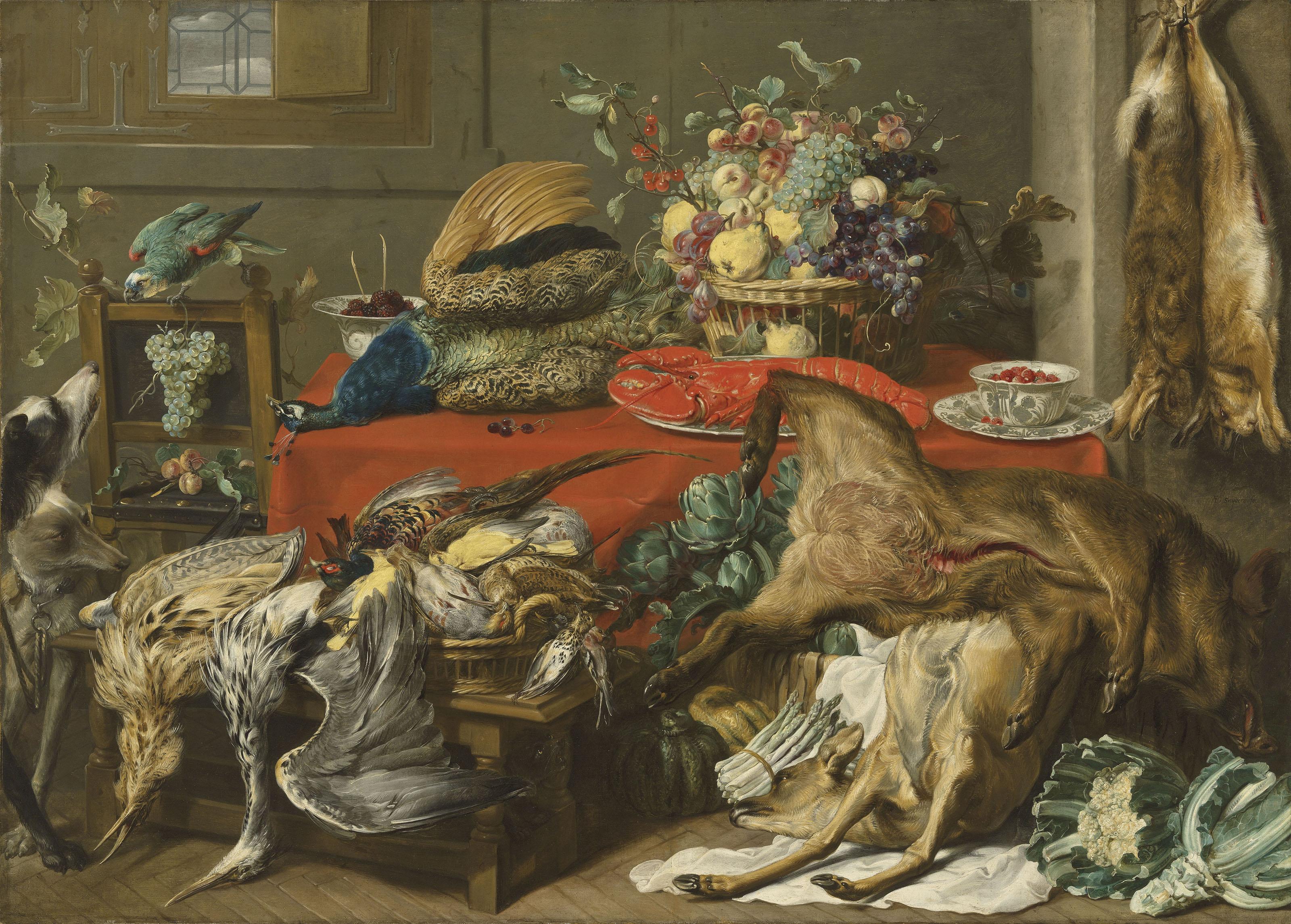 Frans Snyders - A larder with a draped table laden with game, a lobster, vegetables and fruit in a basket, and kraak porcelain, with a parrot and two hounds