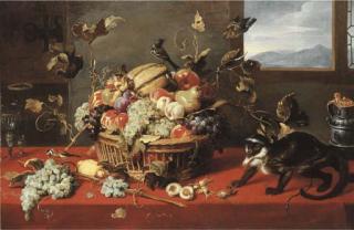 Frans Snyders - A melon, grapes, apples, pears, peaches and other fruit in a basket, with two façon-de-Venise wineglasses, a pewter jug and a Diana monkey on a draped table by a window