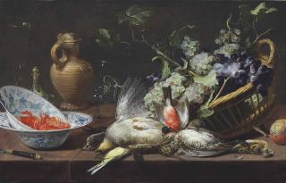 Frans Snyders - A Partridge, Snipe, Sparrow, Finch, And Other Birds With A Basket Of Grapes And Langoustines In Wan-Li Kraak Porcelain Bowls, A Mounted Stoneware Jug, Saltcellar, And Glasses On A Tabletop
