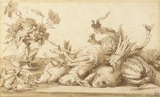 Frans Snyders - A still life with birds, rabbits and vegetables, with a plate and a tazza with grapes