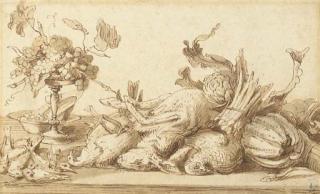 Frans Snyders - A still life with birds, rabbits and vegetables, with a plate and a tazza with grapes