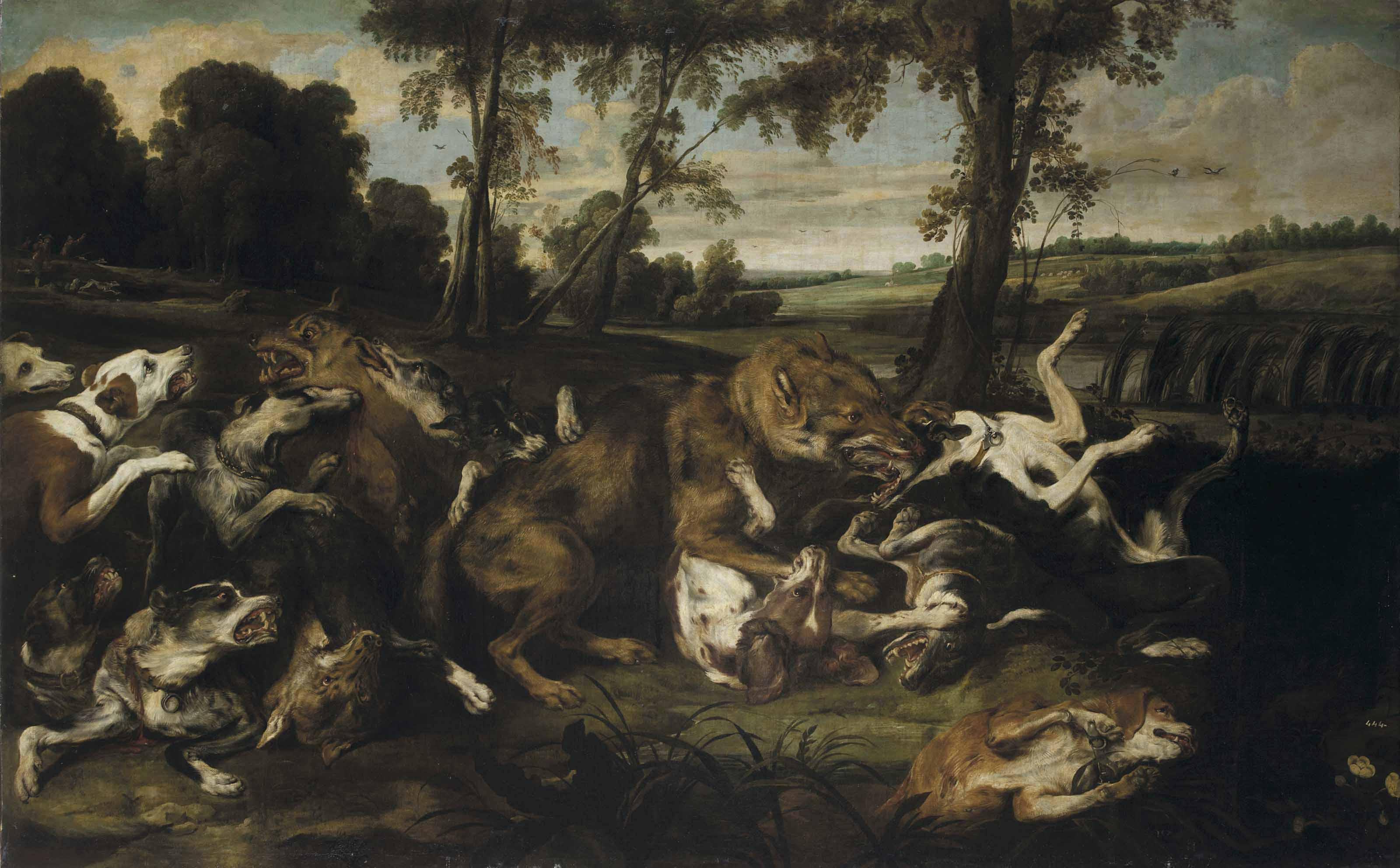 Frans Snyders - A Wolf Hunt With Hunters Emerging From A Forest Beyond