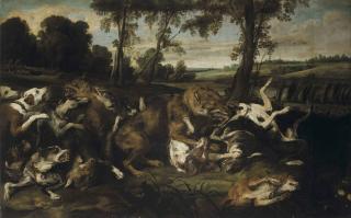 Frans Snyders - A Wolf Hunt With Hunters Emerging From A Forest Beyond