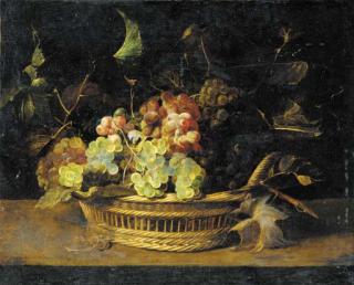 Frans Snyders - Bunches of grapes in a basket on a ledge