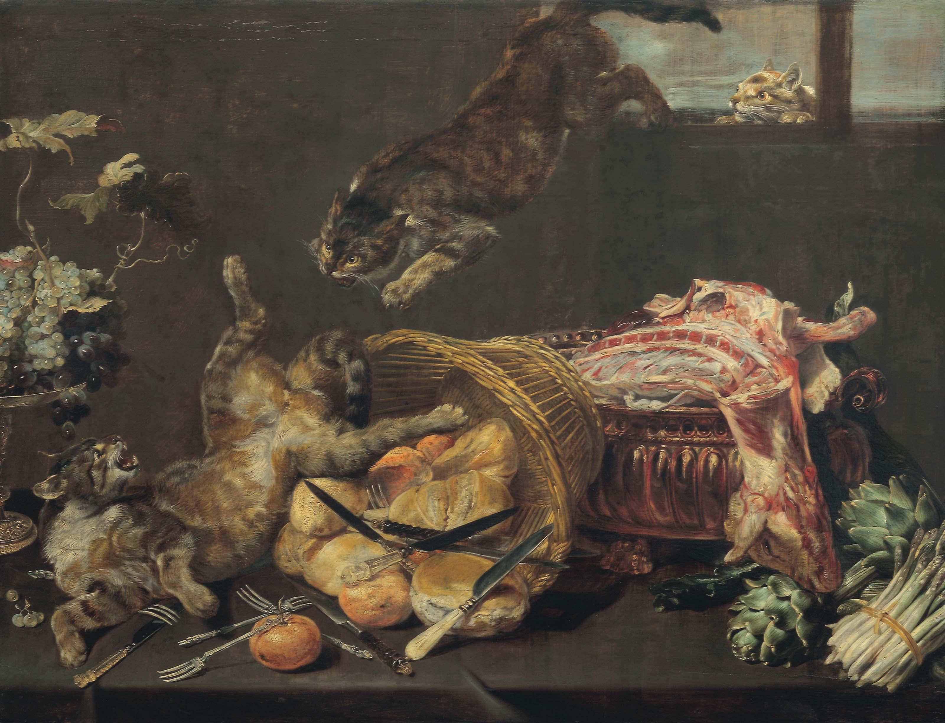 Frans Snyders - Cats fighting in a larder, with loaves of bread, a dressed lamb, artichokes and grapes