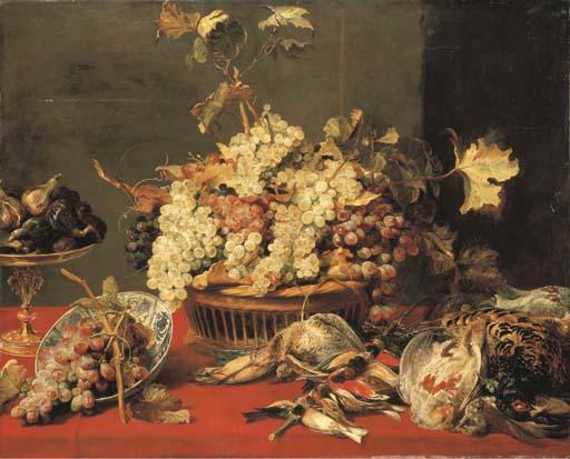 Frans Snyders - Grapes in a basket and in a Wan-li \'Kraak\' porselein bowl with figs in a tazza on a red draped ledge with a woodcock, pheasants, a partridge and other birds