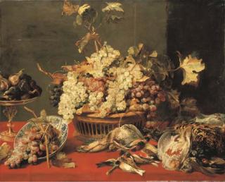 Frans Snyders - Grapes in a basket and in a Wan-li \'Kraak\' porselein bowl with figs in a tazza on a red draped ledge with a woodcock, pheasants, a partridge and other birds
