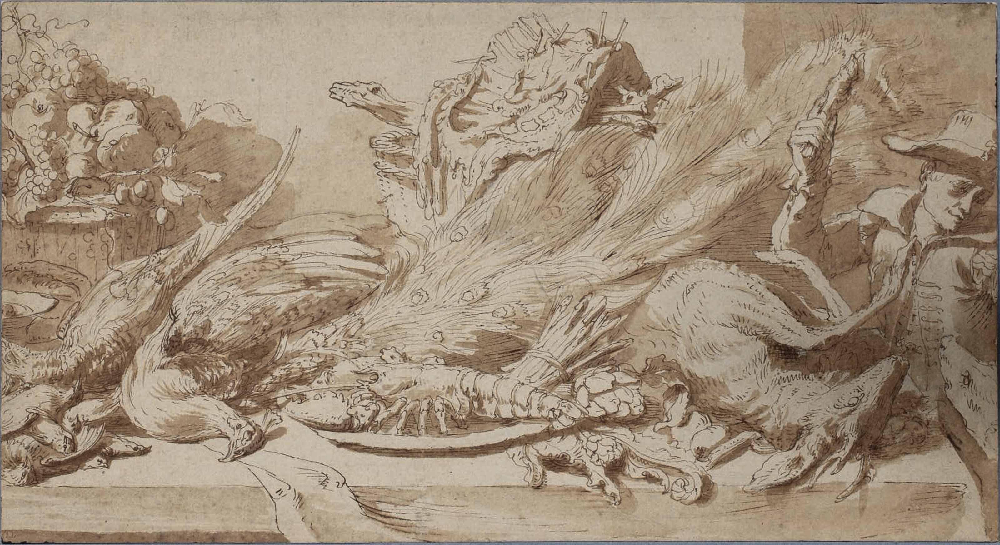 Frans Snyders - Still life of game, fish and fruit on a table, with a boy teasing a dog on the right