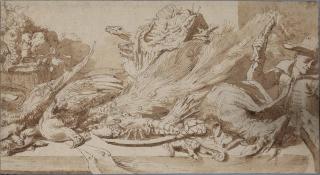 Frans Snyders - Still life of game, fish and fruit on a table, with a boy teasing a dog on the right