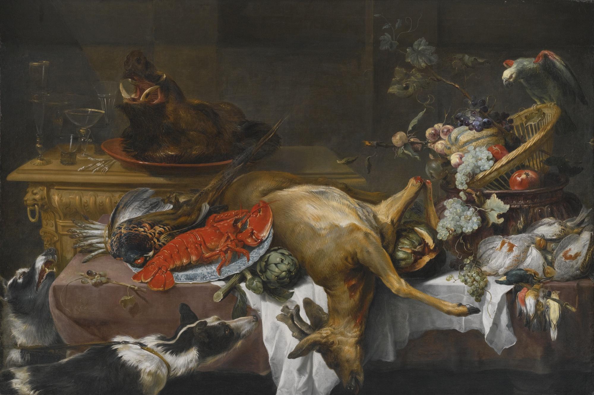 Frans Snyders - Still Life With Game, A Lobster And Fruit Laid On A Table, A Parrot And Two Greyhounds