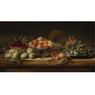 Frans Snyders - Still Life With Peaches In A Tazza, Hazelnuts On A Pewter Plate, Raspberries In A Basket, With Pears And A Squirrel On A Table