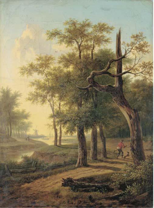 Frans Swagers - A hunter and his dog in a wooded river landscape, a windmill and boats beyond