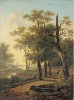 Frans Swagers - A hunter and his dog in a wooded river landscape, a windmill and boats beyond