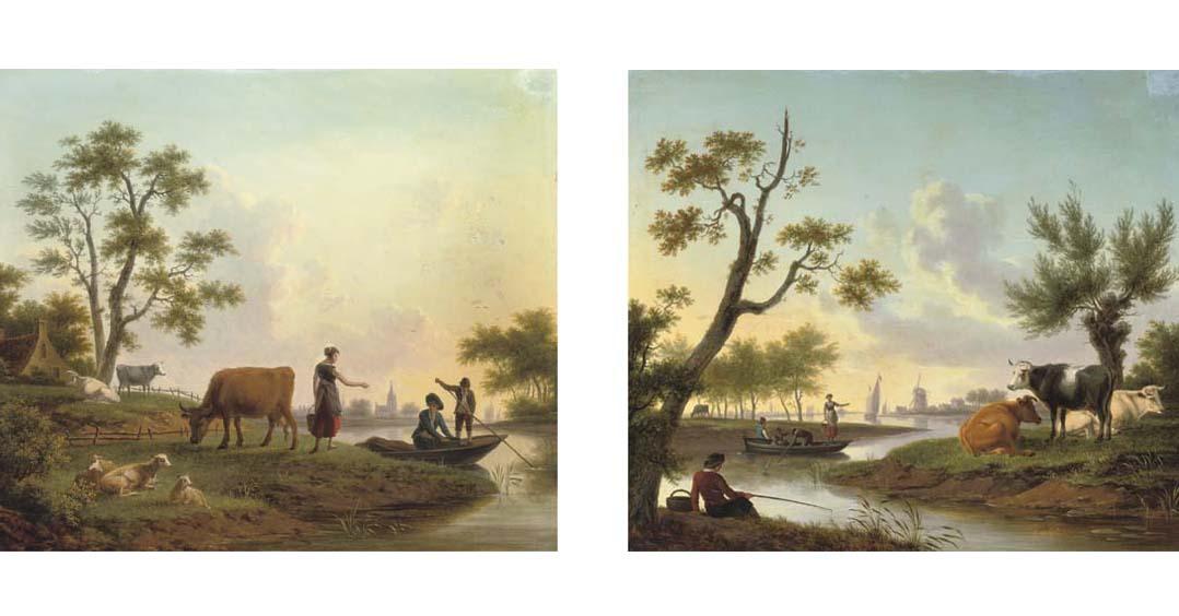 Frans Swagers - A Pastoral River Landscape With A Milkmaid Conversing With Two Men In A Boat; And A Pastoral River Landscape With An Angler And Peasants In A Boat