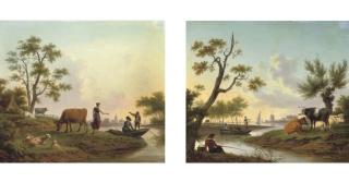 Frans Swagers - A Pastoral River Landscape With A Milkmaid Conversing With Two Men In A Boat; And A Pastoral River Landscape With An Angler And Peasants In A Boat