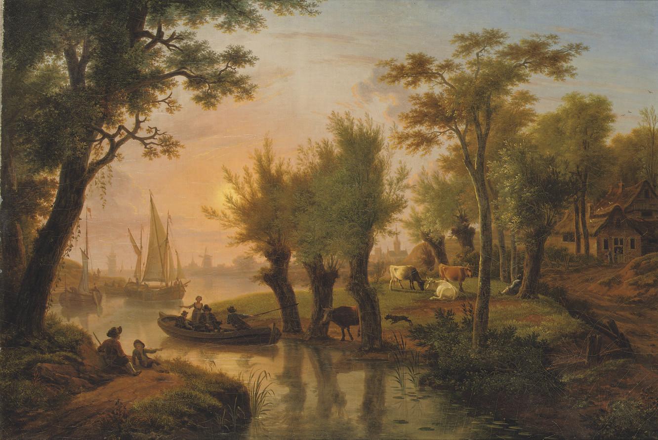 Frans Swagers - A river landscape at dusk with fishermen in boats and cows grazing