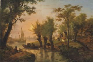 Frans Swagers - A river landscape at dusk with fishermen in boats and cows grazing