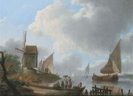 Frans Swagers - A river landscape with a damlooper and figures on the shore by a windmill