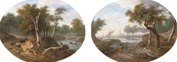 Frans Swagers - A River Landscape With A Shepherd On A Path; And A Stormy River Landscape With Travellers; Both Painted As Ovals