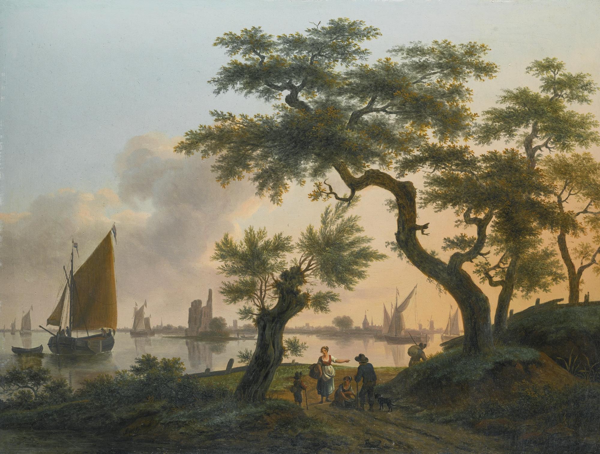 Frans Swagers - Landscape With An Estuary, With Shipping On The Water And Figures On The Path In The Foreground