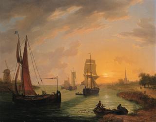 Frans Swagers - Shipping on a river at sunset