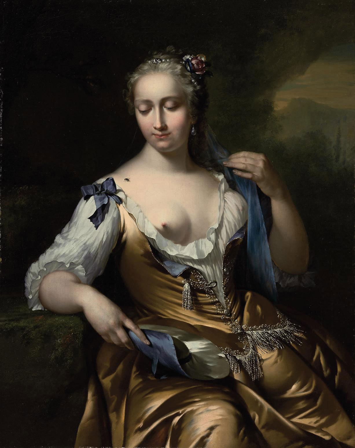 Frans van der Mijn - A lady in a landscape with a fly on her shoulder: an Allegory of Touch