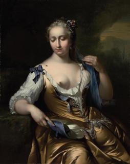 Frans van der Mijn - A lady in a landscape with a fly on her shoulder: an Allegory of Touch