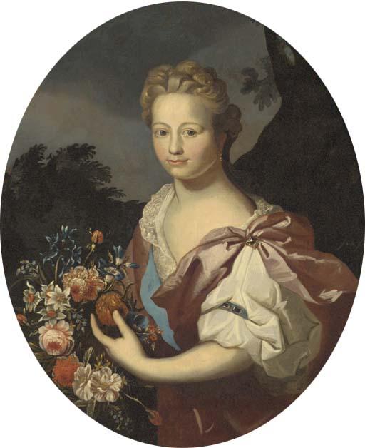 Frans Van Der Mijn - Portrait of a lady, half-length, in a burgundy dress, holding flowers, in a landscape